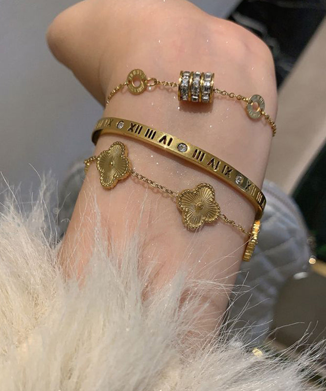 Gold Alloy Four Stainless Zircon Vogue Clover Leaf Steel Graphic