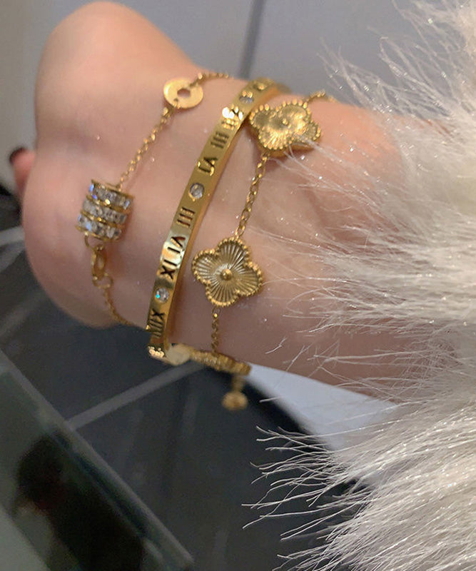 Gold Alloy Four Stainless Zircon Vogue Clover Leaf Steel Graphic