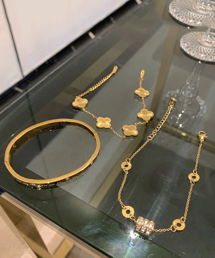 Gold Alloy Four Stainless Zircon Vogue Clover Leaf Steel Graphic