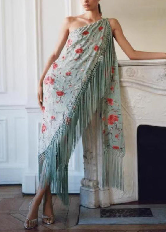 Cotton Vogue Dresses Tasseled Maxi Asymmetrical Print Green