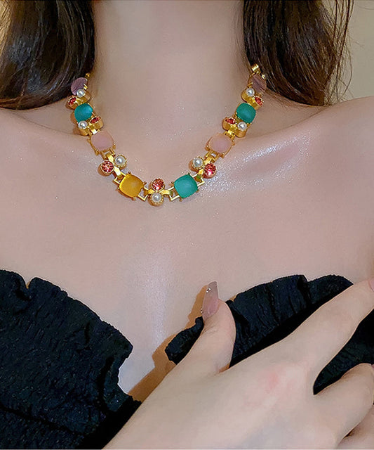 Pearl Princess Vogue Zircon Square Necklace Copper Rainbow