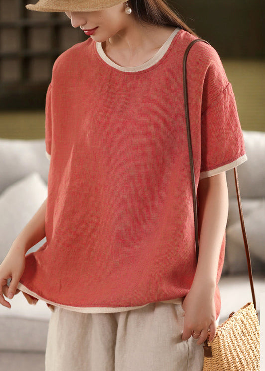 Patchwork Watermelon Button Summer Neck Linen Shirt T O Solid Red