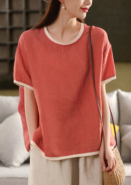 Patchwork Watermelon Button Summer Neck Linen Shirt T O Solid Red