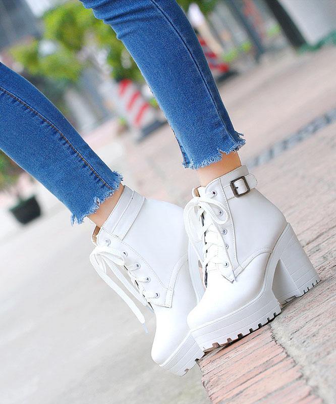 White Boots Cross Strap Chunky Boots RD024