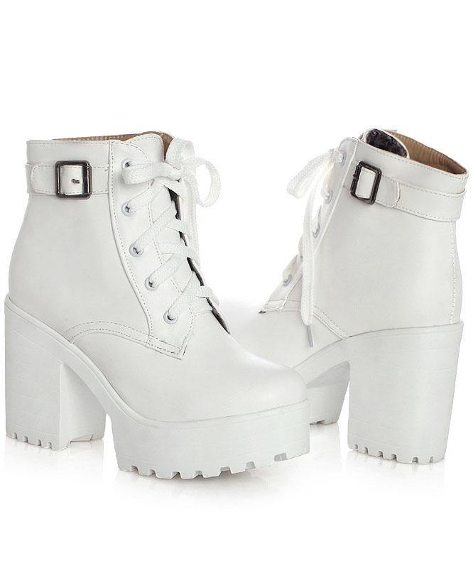 White Boots Cross Strap Chunky Boots RD024