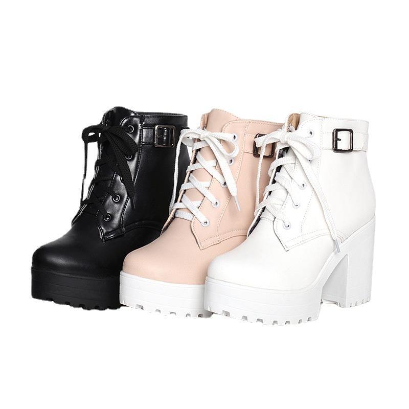 White Boots Cross Strap Chunky Boots RD024