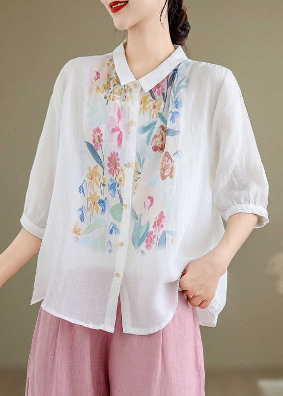 Collar Summer Shirt Linen Pan Button White Peter