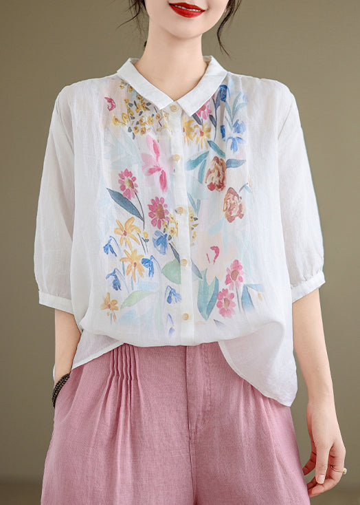 Collar Summer Shirt Linen Pan Button White Peter