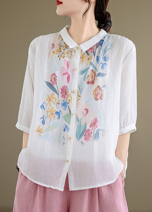 Linen Summer Shirt White Button Peter Pan Collar