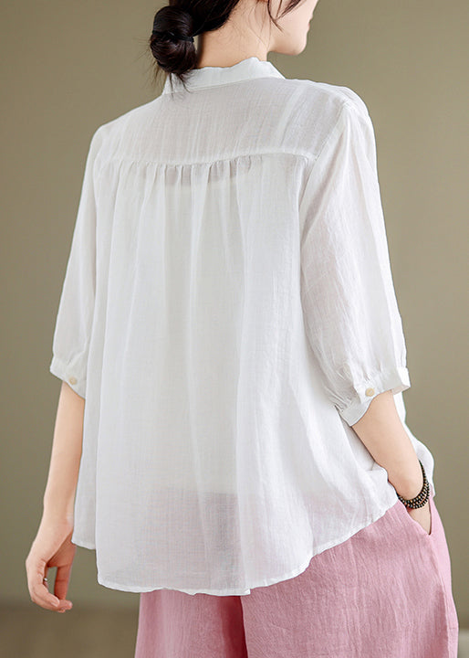Linen Summer Shirt White Button Peter Pan Collar