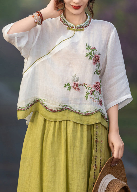 White Button Linen Summer Blouses Patchwork Embroidered