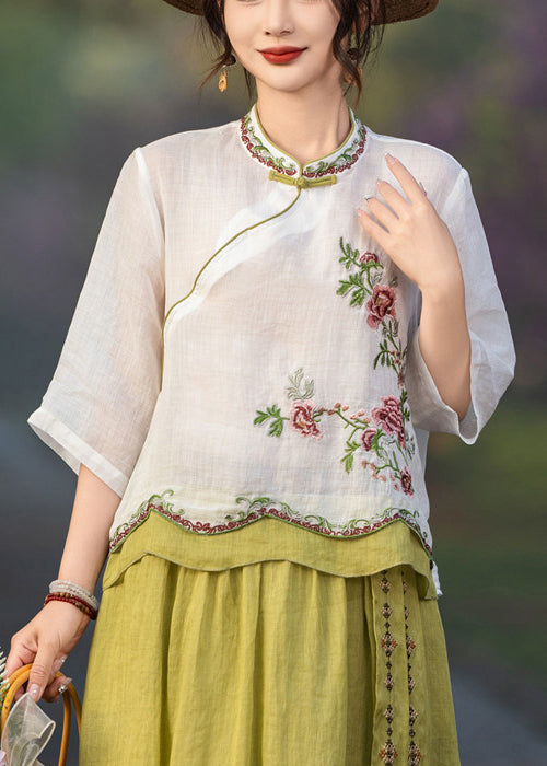 White Button Linen Summer Blouses Patchwork Embroidered