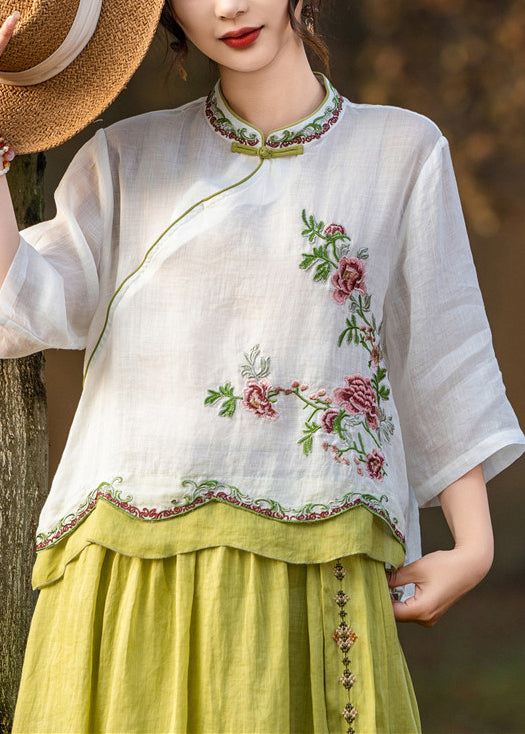 White Button Linen Summer Blouses Patchwork Embroidered