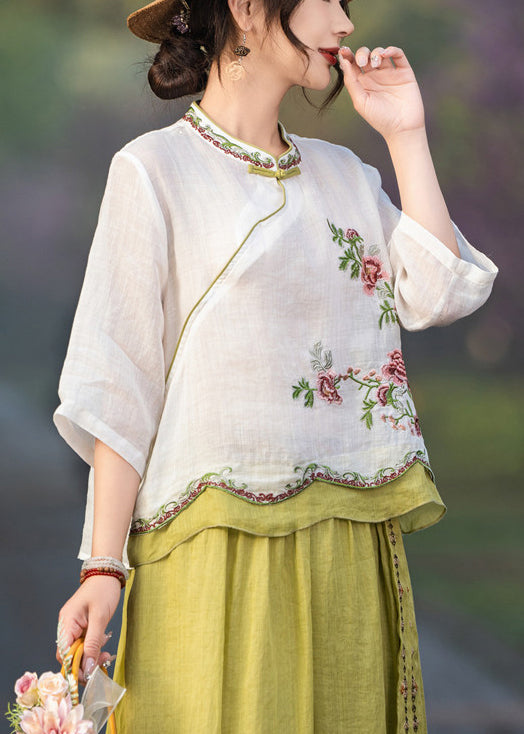 White Button Linen Summer Blouses Patchwork Embroidered