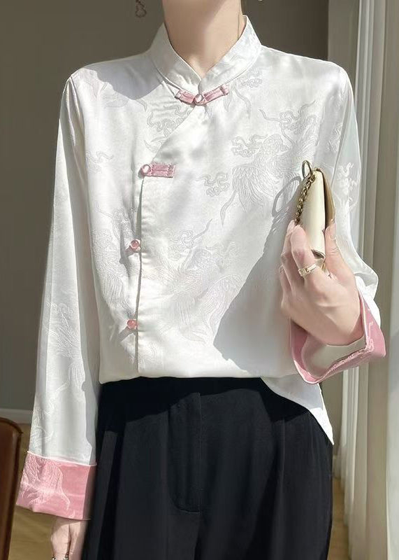 White Button Silk Shirts Stand Collar Long Sleeve