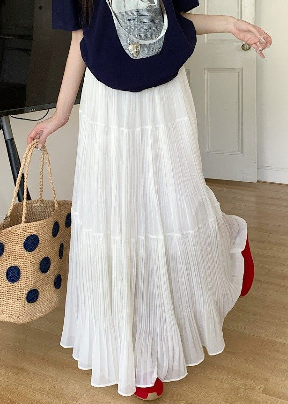 White Solid Maxi Elastic Wrinkled Chiffon Skirts Waist