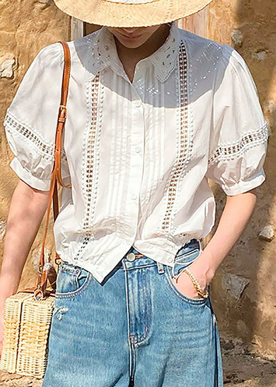Summer Peter Collar Out White Shirts Hollow Pan Cotton