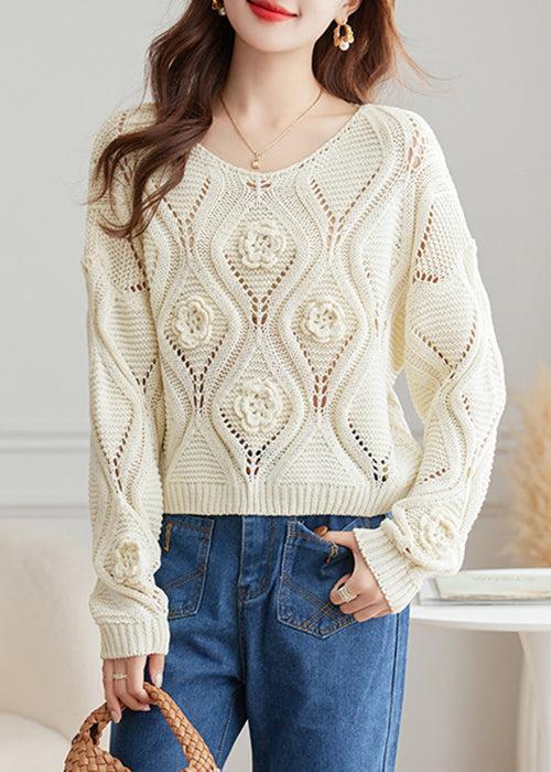 White Hollow Out Cozy Knit Fall Sweater O Neck QS028