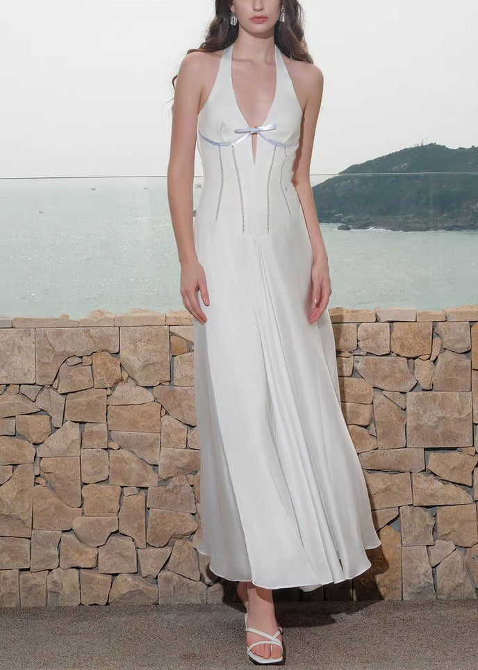 V Lace Summer Hollow White Out Cotton Dress Neck Up Long