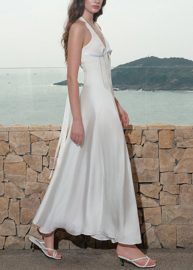 V Lace Summer Hollow White Out Cotton Dress Neck Up Long