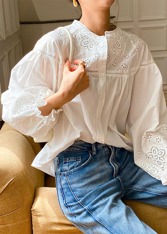 Butterfly Sleeve Blouse White Hollow Cotton Loose Out Embroidered