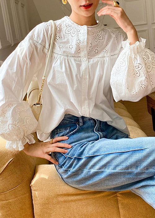 Butterfly Sleeve Blouse White Hollow Cotton Loose Out Embroidered