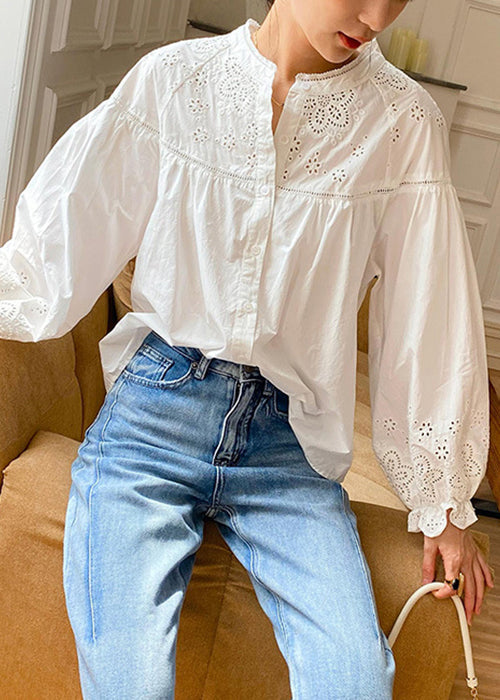Butterfly Sleeve Blouse White Hollow Cotton Loose Out Embroidered