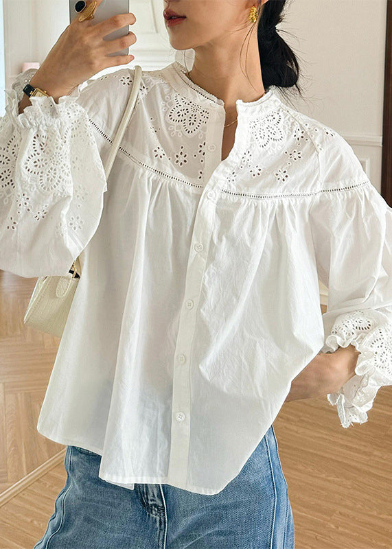 Butterfly Sleeve Blouse White Hollow Cotton Loose Out Embroidered