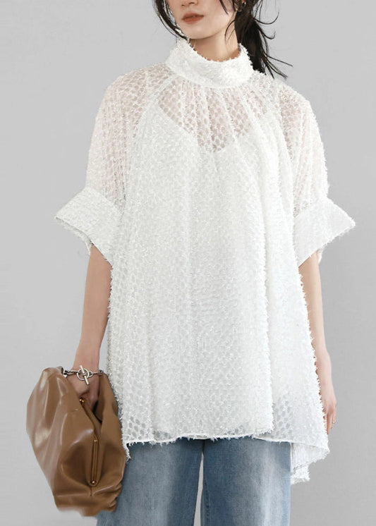 A Stand Collar Tops White Hollow Out Tulle Line Summer