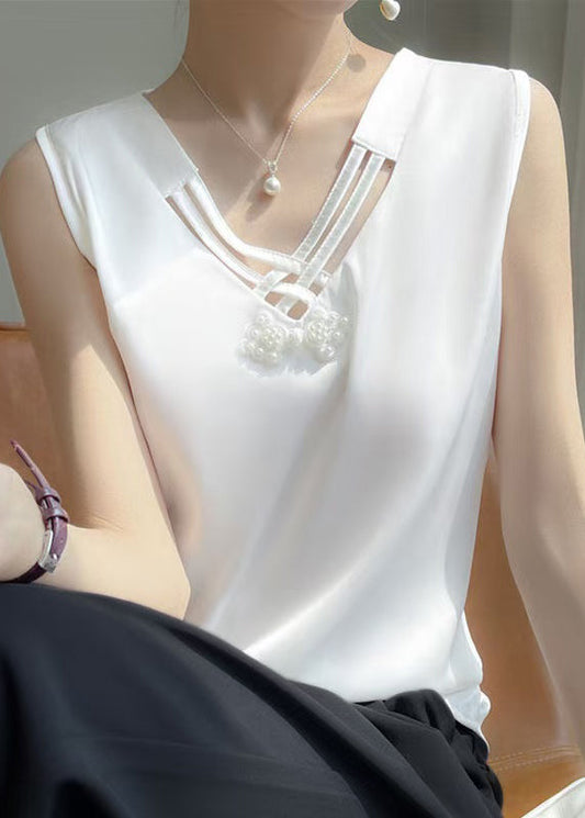Solid Nail V Tank Silk White Sleeveless Neck Bead