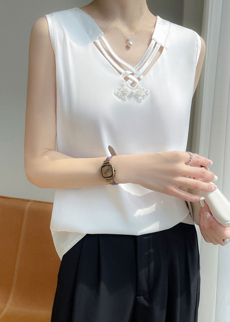 Solid Nail V Tank Silk White Sleeveless Neck Bead