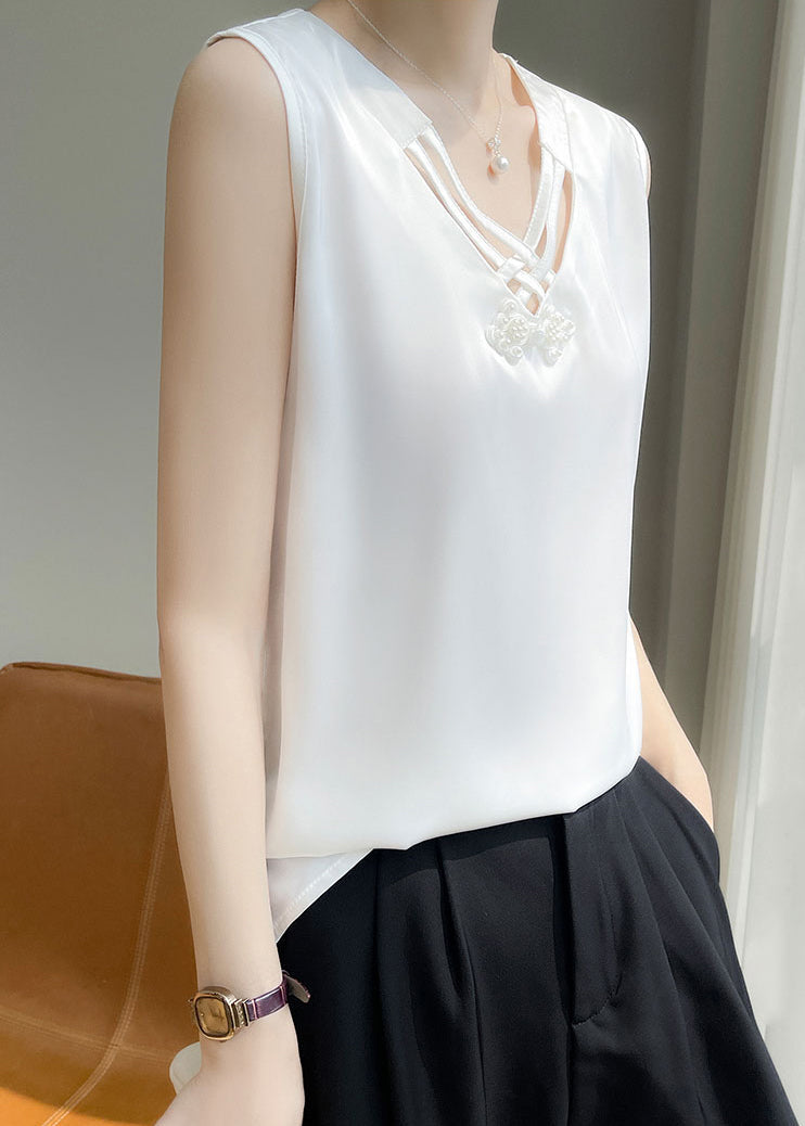 Solid Nail V Tank Silk White Sleeveless Neck Bead