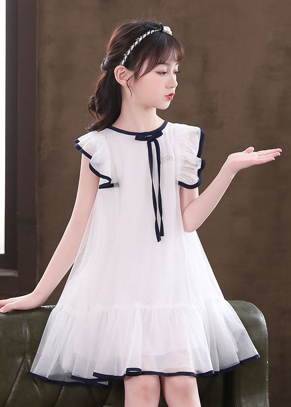 White O-Neck Bow Tulle Girls Mid Dresses Sleeveless EW033