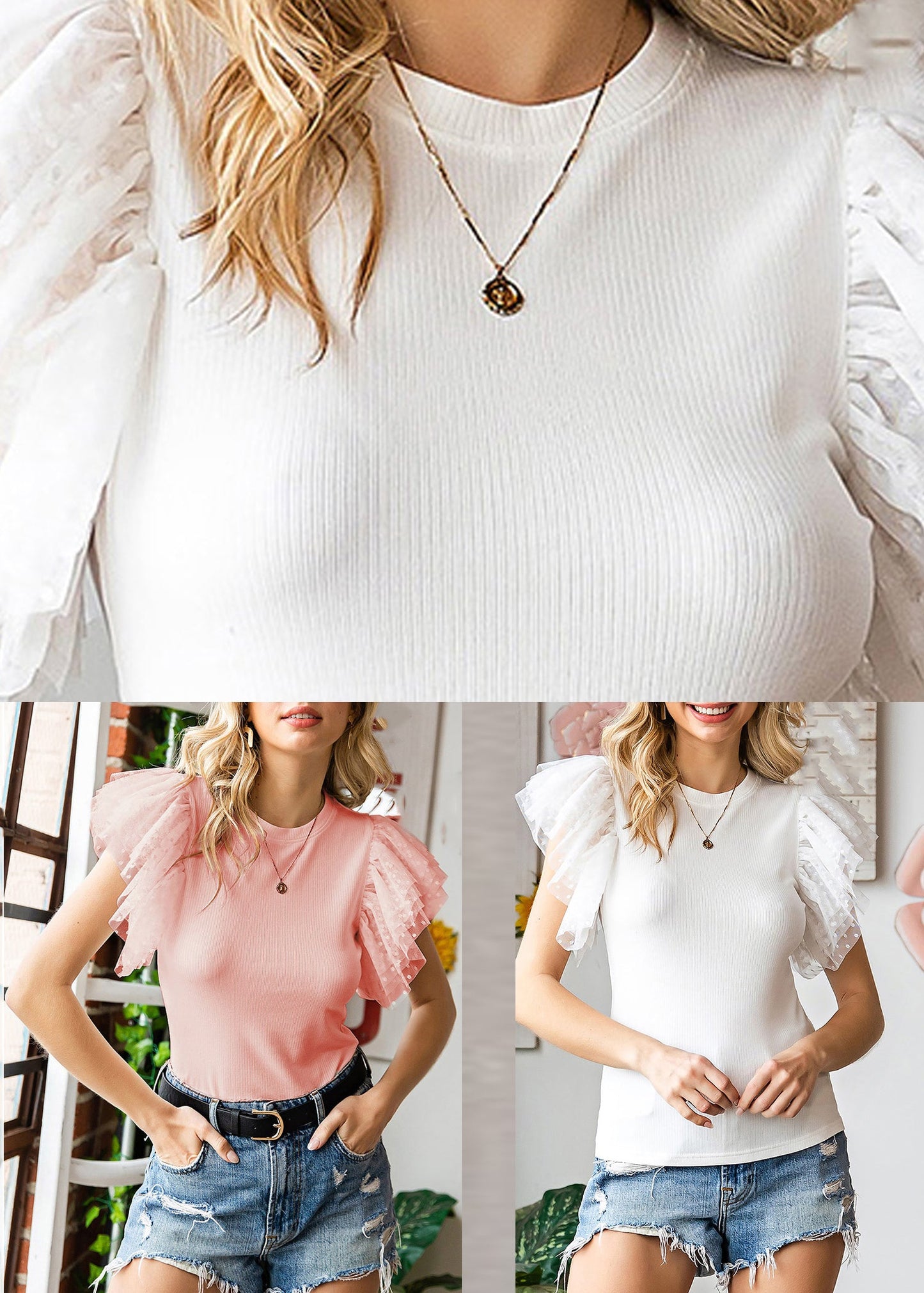 White Sleeve Top O-Neck Solid Flare Knit