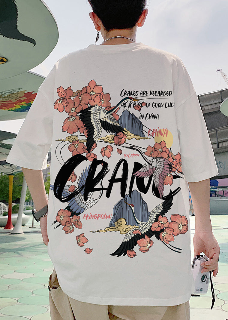 T Print Neck Shirts Sleeve Men Loose O White Half Cotton