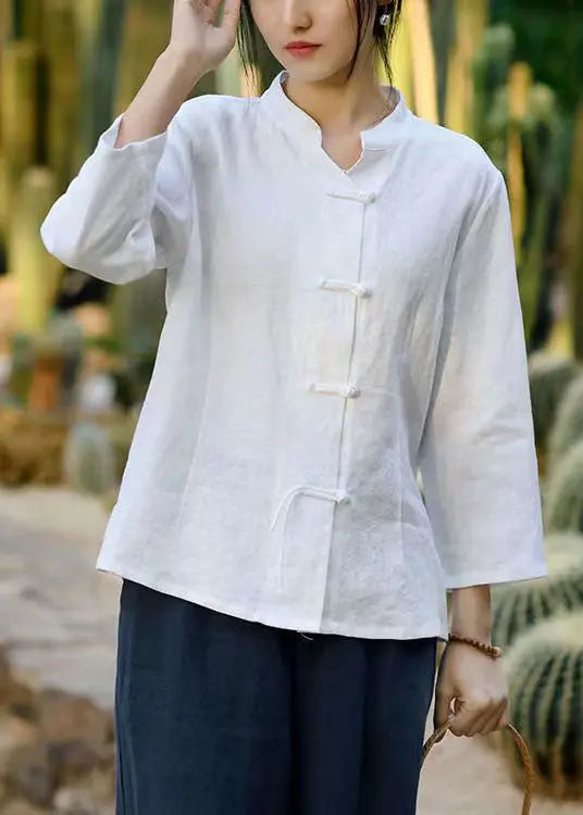 White Solid Button Linen Coats Stand Collar Spring Ada Fashion