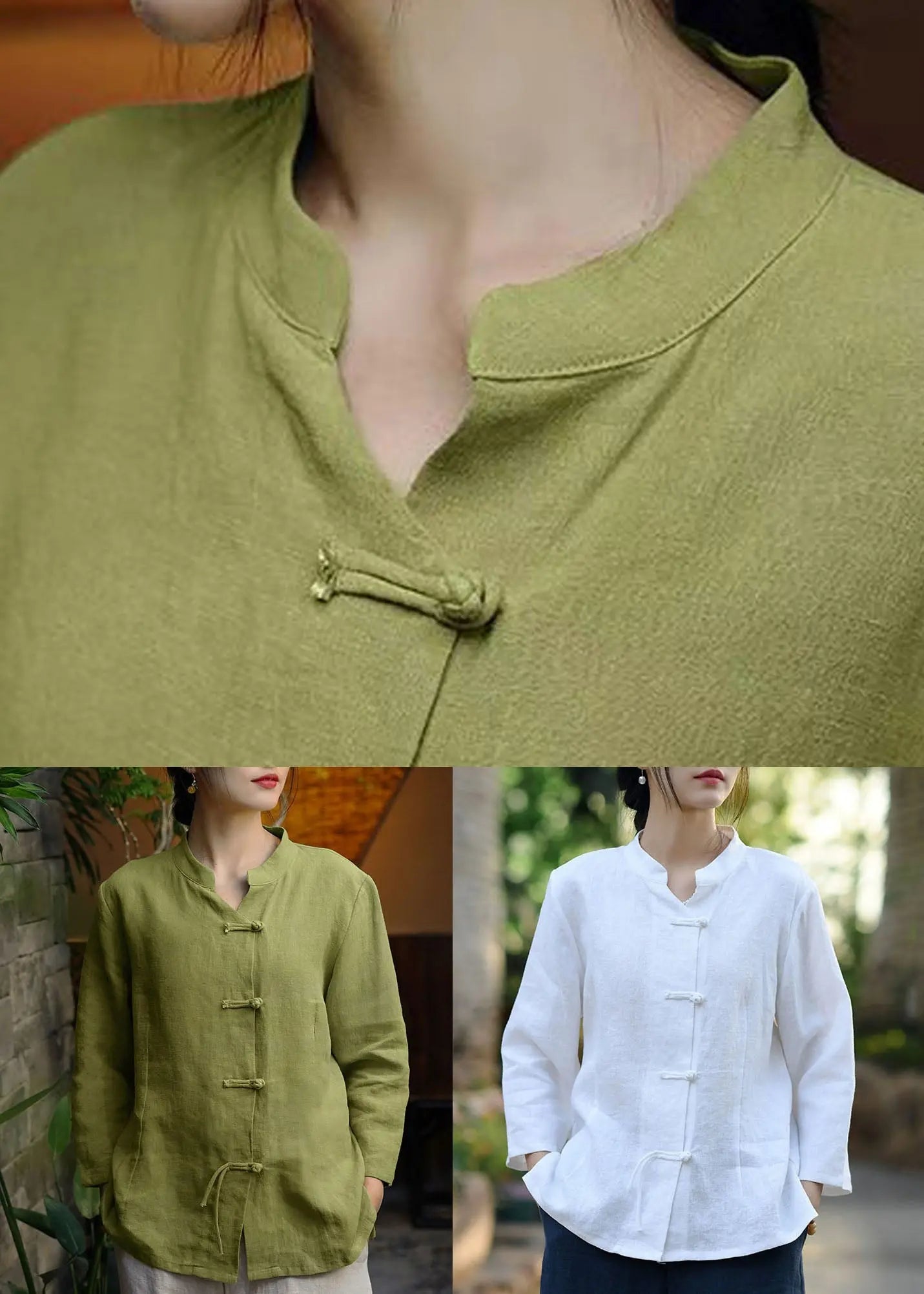 White Solid Button Linen Coats Stand Collar Spring Ada Fashion