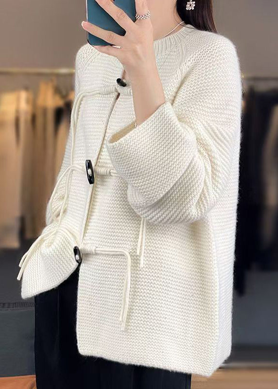 White Solid Woolen Knit Coat O-Neck Long Sleeve AB1029