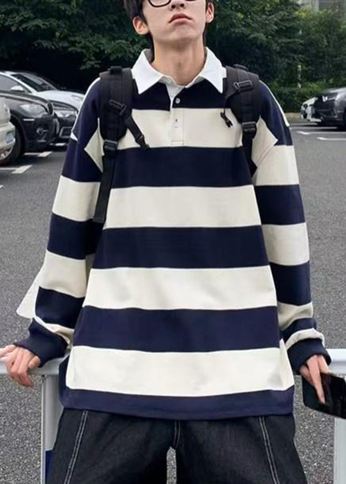 Spring White Button Cotton Polo Mens Striped Shirts