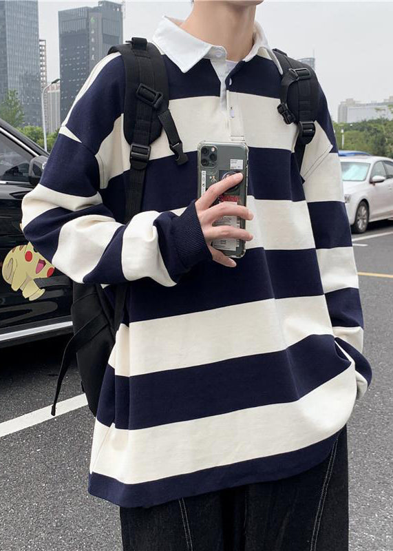 Spring White Button Cotton Polo Mens Striped Shirts