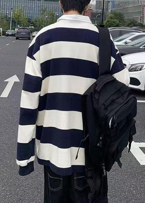 Spring White Button Cotton Polo Mens Striped Shirts