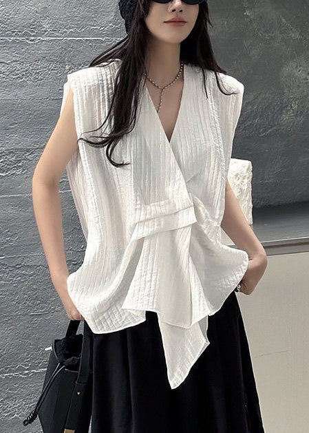 Vests Sleeveless Asymmetrical Cotton White Design Striped