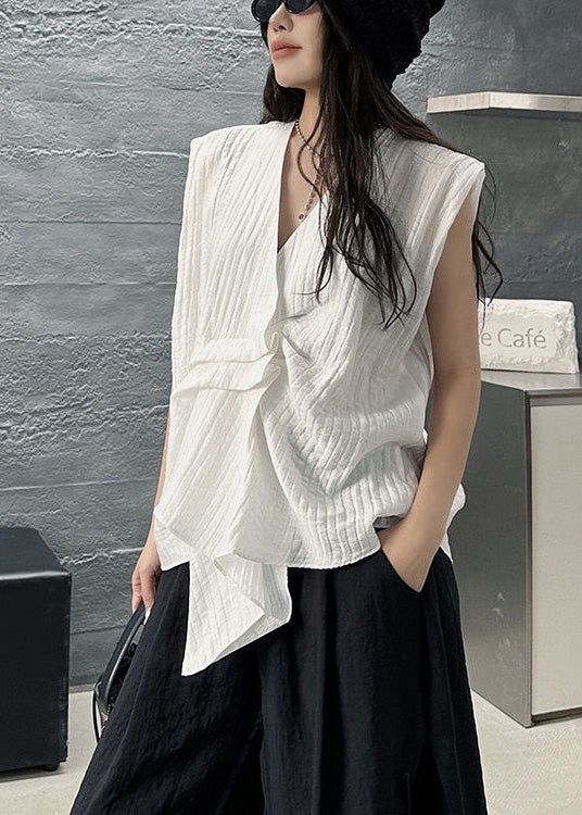 Vests Sleeveless Asymmetrical Cotton White Design Striped