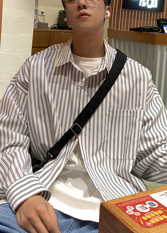 Pockets Collar Striped Mens Cotton White Shirt Pan Peter Spring