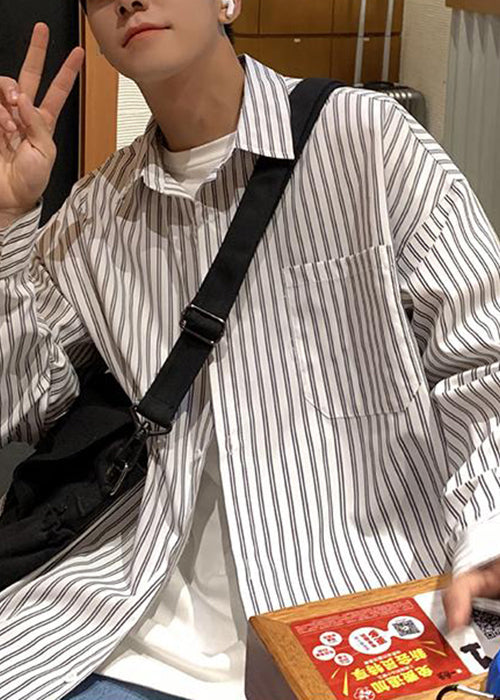 Pockets Collar Striped Mens Cotton White Shirt Pan Peter Spring