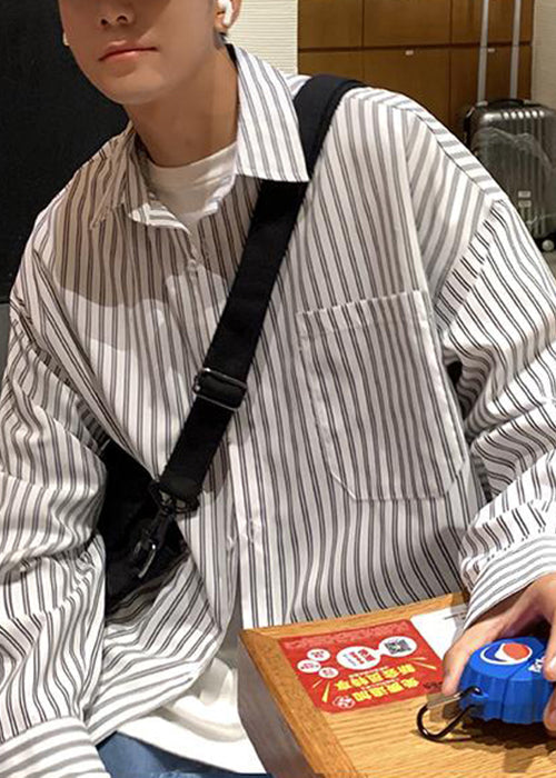 Pockets Collar Striped Mens Cotton White Shirt Pan Peter Spring