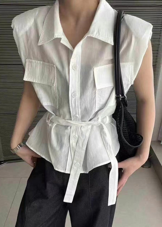Waist Collar Tie Summer Cotton Peter White Pan Blouses