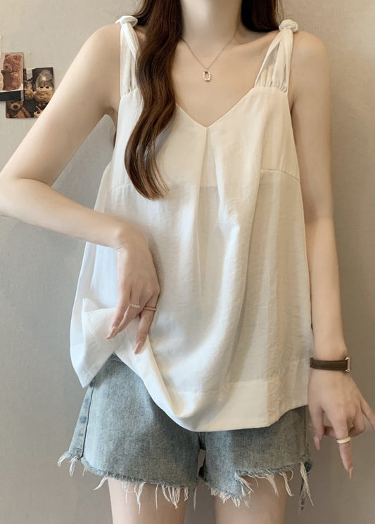 Cotton Neck Wrinkled White V Solid Summer Tank