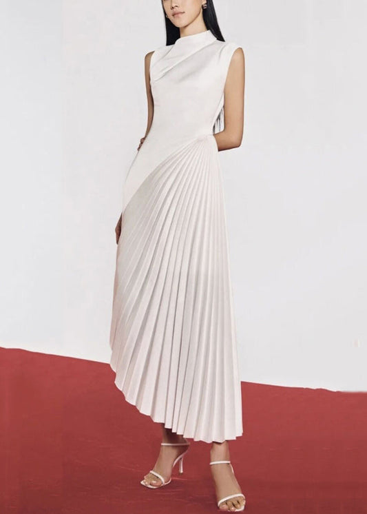 Summer Dresses White Wrinkled Asymmetrical Long Solid Silk