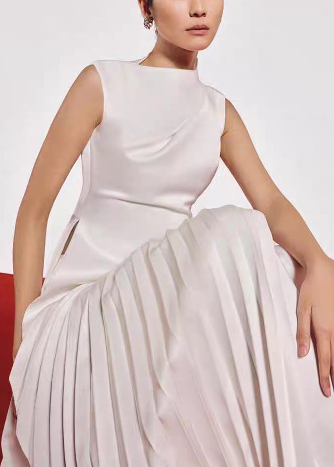 Summer Dresses White Wrinkled Asymmetrical Long Solid Silk